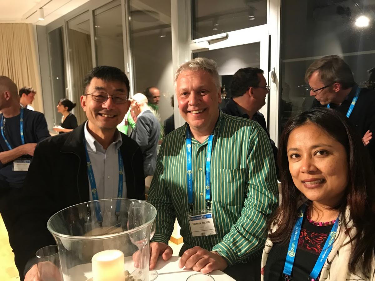 Drs Zhiliang Zhu, Werner Kutsch, Gyami Shrestha at EGU ICOS reception