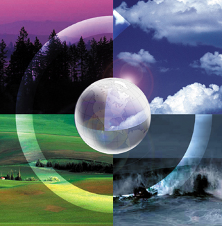 Color graphic with 4 photos and the earth in center